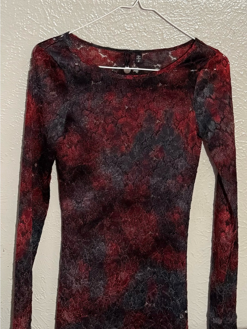 BKE Boutique Red Black Lace Long Sleeve Top S Y2K Whimsigoth Goth Sheer